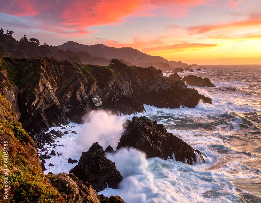 Obraz premium Dramatic sunset over rocky coast