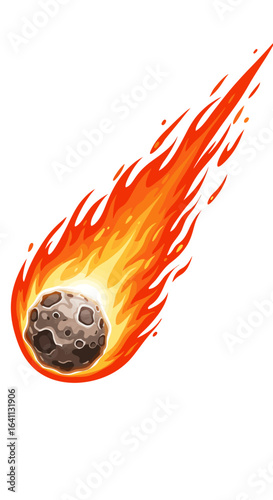A gray meteorite with impact craters is surrounded by yellow  red flames