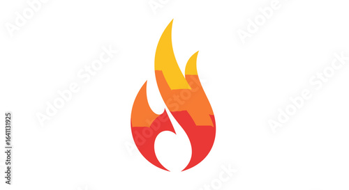 A stylized flame graphic with red orange and yellow segments on a white backdrop