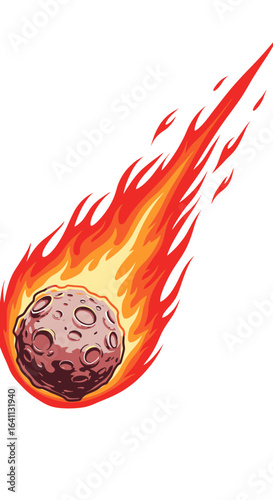 A meteor with a rocky surface and a fiery tail streaks across a white background