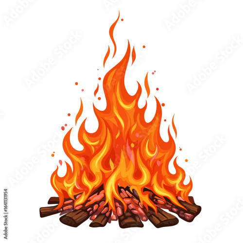 Illustration of a brightly burning campfire with red embers and orange flames against a white background