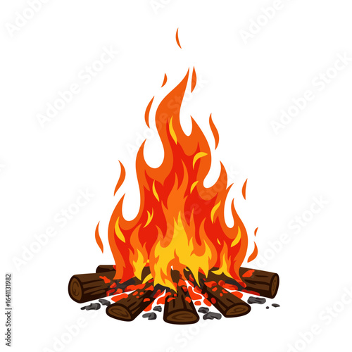 A cartoon bonfire with red and yellow flames atop a pile of dark logs and charcoal