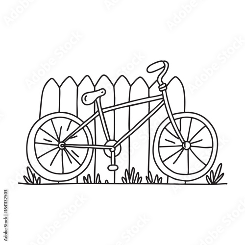 Bent bicycle leaning against a fence in playful doodle illustration
