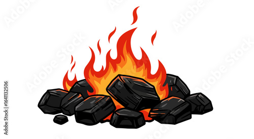 A pile of jagged black charcoal ablaze with dynamic orange  red flames rising upwards
