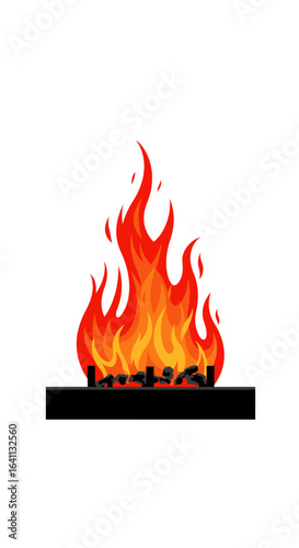 A vibrant fire burns above charcoal in a simple black hearth