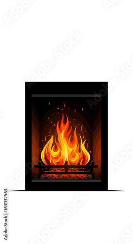 A pixel art image shows a fireplace with flames logs and a dark mantel
