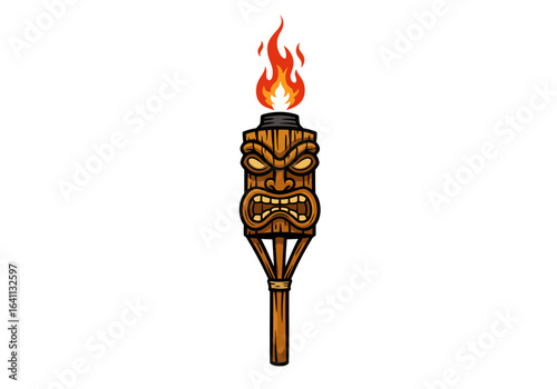 A tiki torch with a carved face and a flame on top