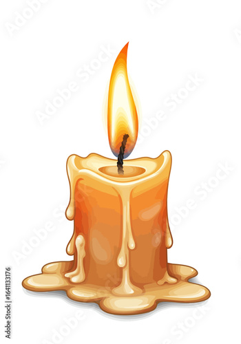 Lit candle with dripping wax forming a puddle at its base
