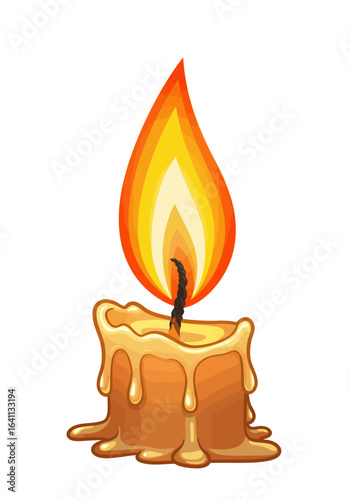 Cartoon candle with a tall bright flame and melting wax standing on a white background