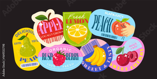 Retro fruit sticker pack with colorful vintage labels for apple, lemon, peach, pear, berry, banana, and cherry. Vector set for organic, healthy food packaging, farm market, and branding design.