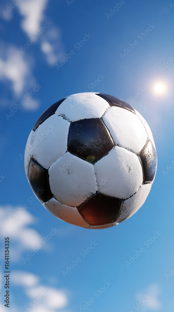 Fototapeta premium Soccer Ball in Mid Air Against Blue Sky