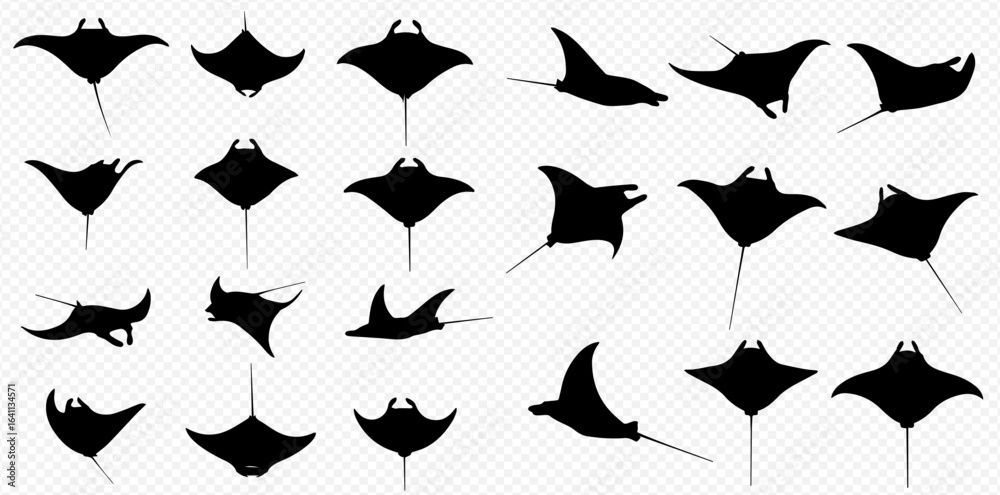 Fototapeta premium A collection of black manta ray silhouettes depicted in various dynamic swimming poses and angles on a transparent background.