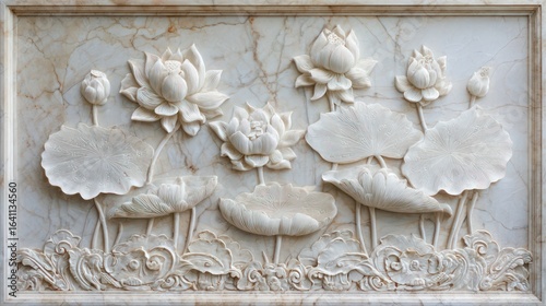 Marble relief carving of lotus flowers with lily pads and ornamental border design