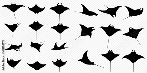 Foto A collection of black manta ray silhouettes depicted in various dynamic swimming poses and angles on a transparent background