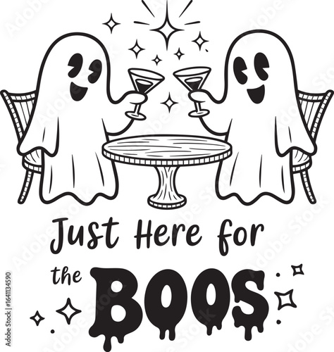 Cheerful ghosts are clinking cocktail glasses while sitting at a table celebrating Halloween cheerfully, transparent background