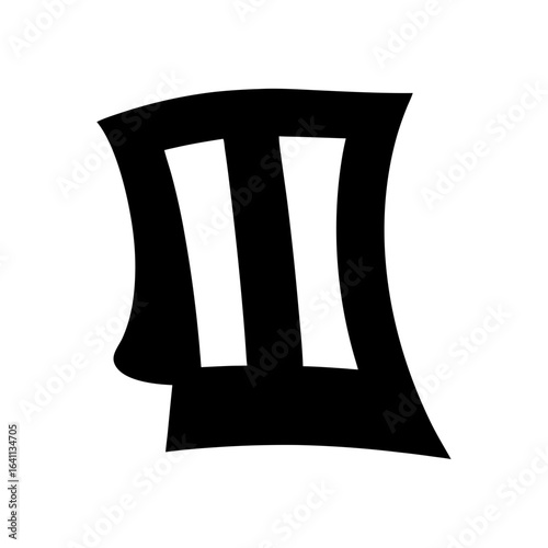 Abstract geometric shape with dual vertical white rectangles on black background