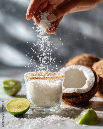 Tropical drink preparation with coconut lime decor and hand sprinkling coconut shavings