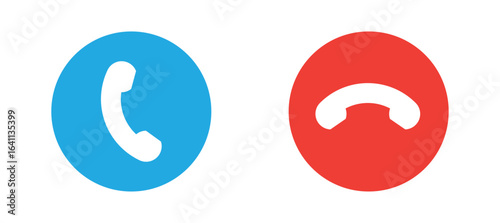 Phone call and hang up icons in colored circular backgrounds, Call and End Call Buttons, Communication Symbols, Mobile App Icons, Blue and Red Phone Graphics, Vector illustration.