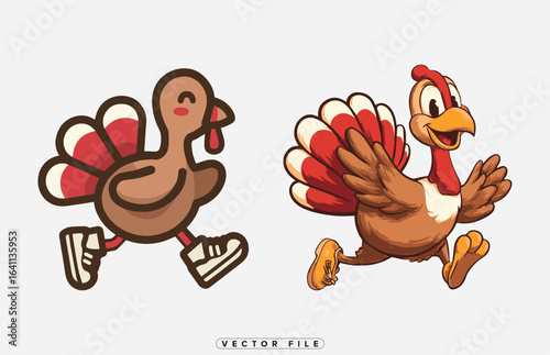 Cartoon turkeys running in sneakers for Thanksgiving holiday illustration