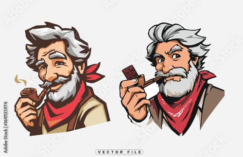 Cartoon illustrations of a bearded old man smoking a pipe and cigar
