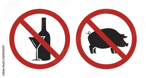 Bundle set isolated halal sign, no pork and no alcohol, healthy food and beverage label
