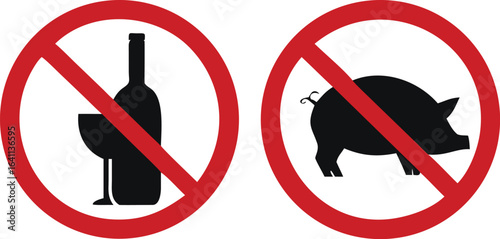Bundle set isolated halal sign, no pork and no alcohol, healthy food and beverage label
