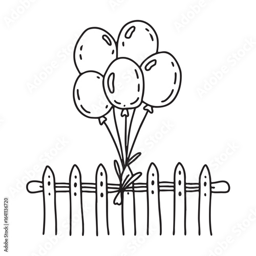 Colorful balloons lined up along a fence in doodle sketch