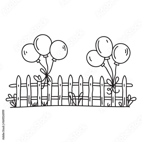 Cluster of balloons fastened to a fence in doodle sketch