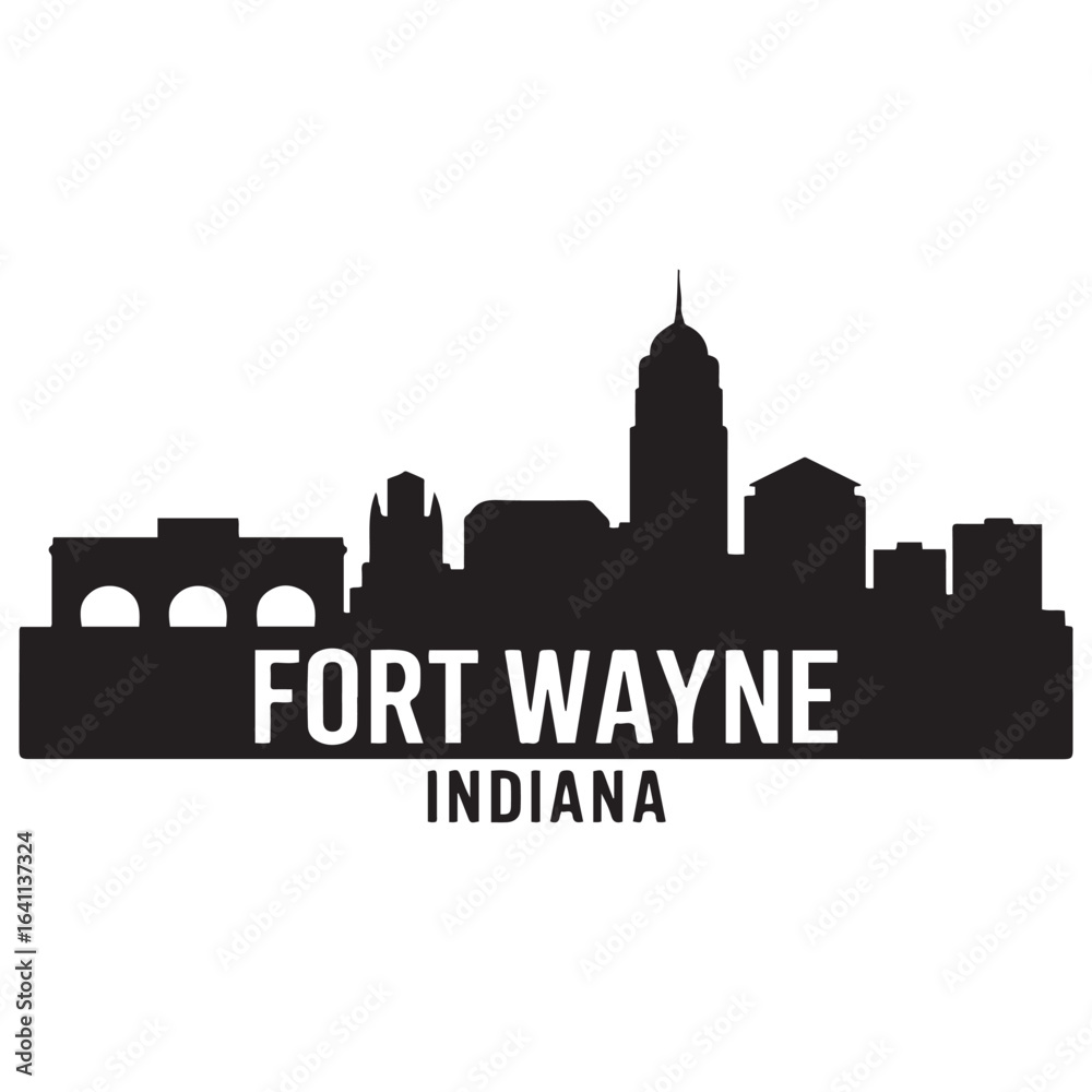 Naklejka premium Fort Wayne skyline silhouette. Landscape Fort Wayne, Indiana. Vector illustration. Vector black silhouette. with white background.