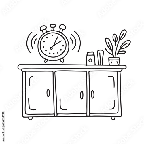 Timer alarm shaking on a kitchen counter in doodle sketch