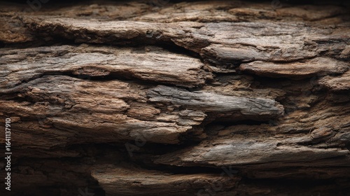 Close-up of textured brown wood bark with rough surface and organic patterns.