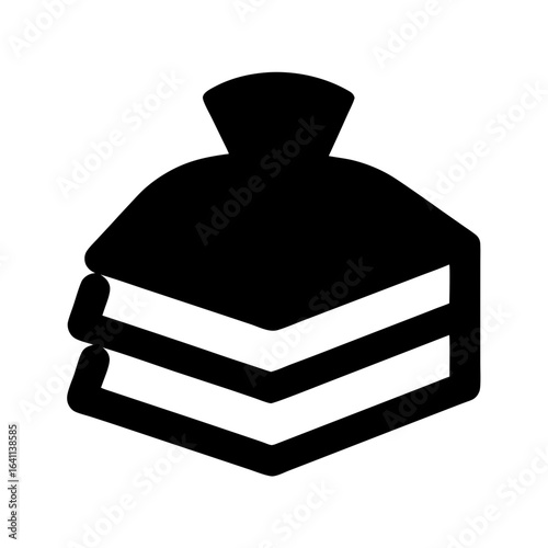 Stylized depiction of a stack of neatly folded clothes with a bag on top