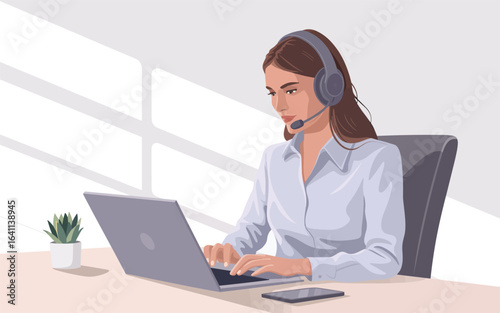 A flat vector illustration of a female customer support agent at her desk with a laptop.
