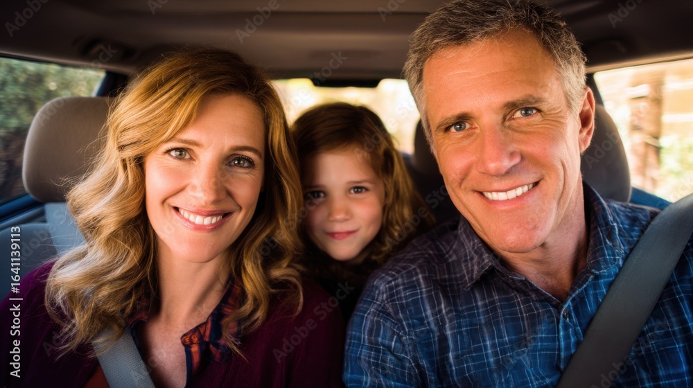 Fototapeta premium A happy family of three, a woman, a little girl, and a man,
