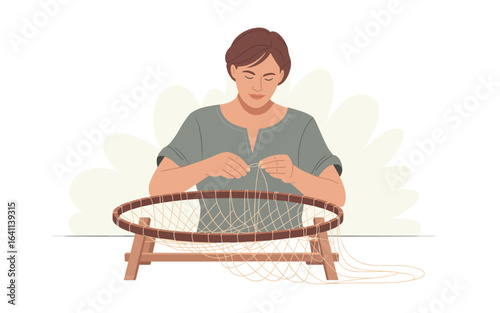 A flat vector illustration of a person engaged in traditional weaving on a circular loom.