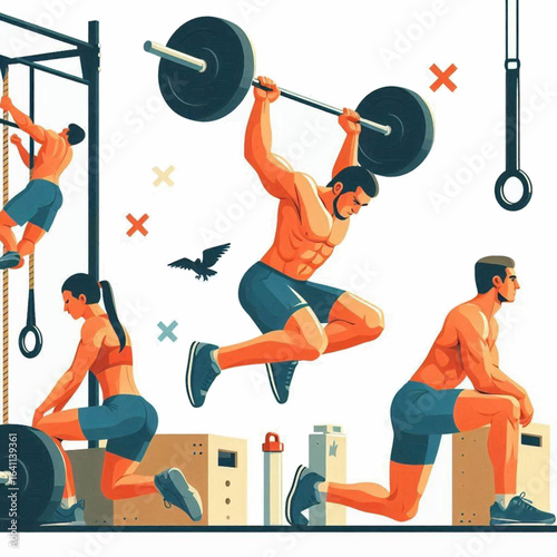 Muscular figures are depicted midworkout in a gym demonstrating weightlifting climbing and box exercises