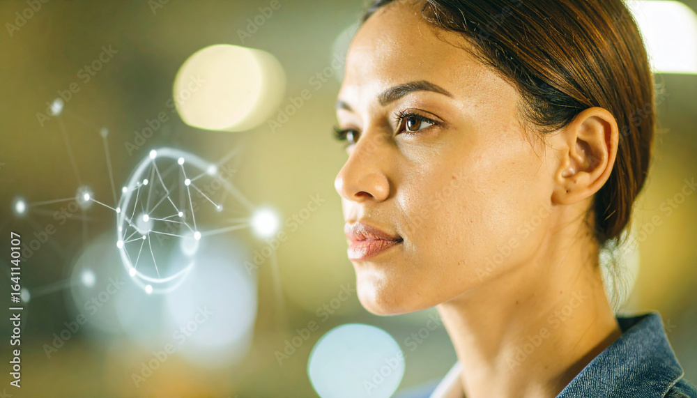 Close up portrait, headshot of young business woman on digital business chart background. Close up portrait, headshot of young business woman on digital business chart background.