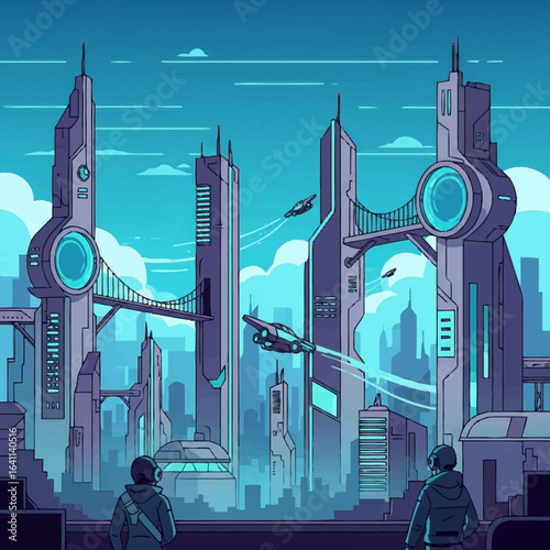 Pixel art of a futuristic city with tall buildings flying vehicles and two people gazing at the cityscape