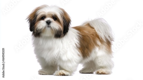 A small fluffy dog with white fur and brown patches stands against a plain white background,