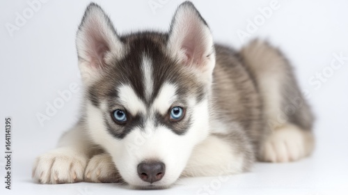 A young Siberian Husky puppy with striking blue eyes sits calmly against a plain white backdrop,