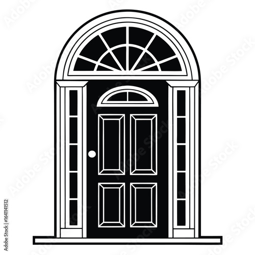Black arched doorway with sidelights and fanlight entrance