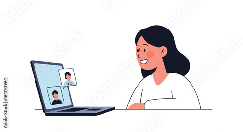 Young Woman Engaging in Virtual Meeting on Laptop, Ideal for Illustrating Remote Communication, Online Education, and Telecommuting Concepts in Modern Digital Life