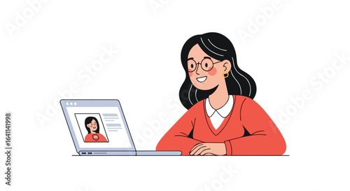 Woman participating in a video conference call on her laptop, ideal for demonstrating remote work, online education, and virtual communication concepts.
