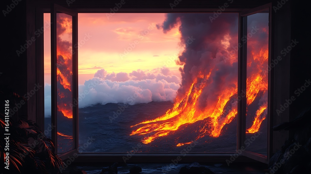 Obraz premium Volcano eruption through window sunset