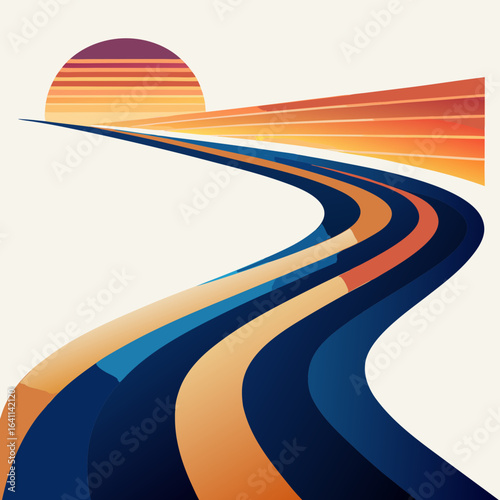 Abstract Retro Sunset Road:  Curving Pathways to Opportunity,  Warm Tones,  Modern Design.