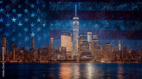 Stunning Nighttime Skyline of American City with Illuminated Skyscrapers and Reflections Against a Patriotic Backdrop