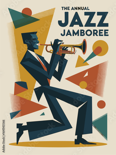 Flat vector retro Jazz Festival poster in mid-century modern style with trumpet player silhouette, bold geometric shapes, vintage colors, and nostalgic 1950s halftone print texture.