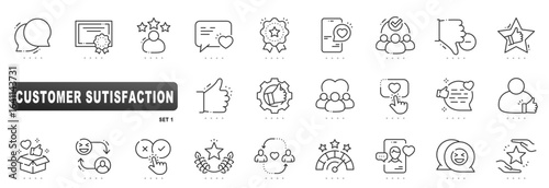 Customer satisfaction icons covering feedback, rating, review, survey, loyalty, support, NPS score and sentiment; clean outline line style, editable stroke