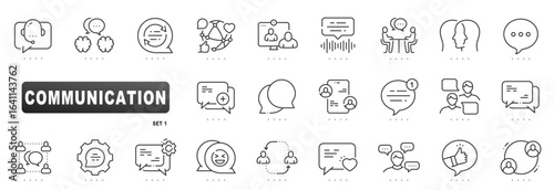 Communication icons featuring chat, message, conversation, support, meeting, collaboration, mobile, video, notification, feedback; clean outline line style with editable stroke