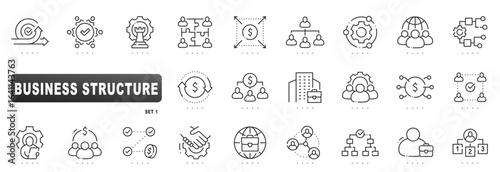 Business structure icons for management, hierarchy, organization, teamwork, strategy, workflow, finance, global operations; clean outline line style with editable stroke